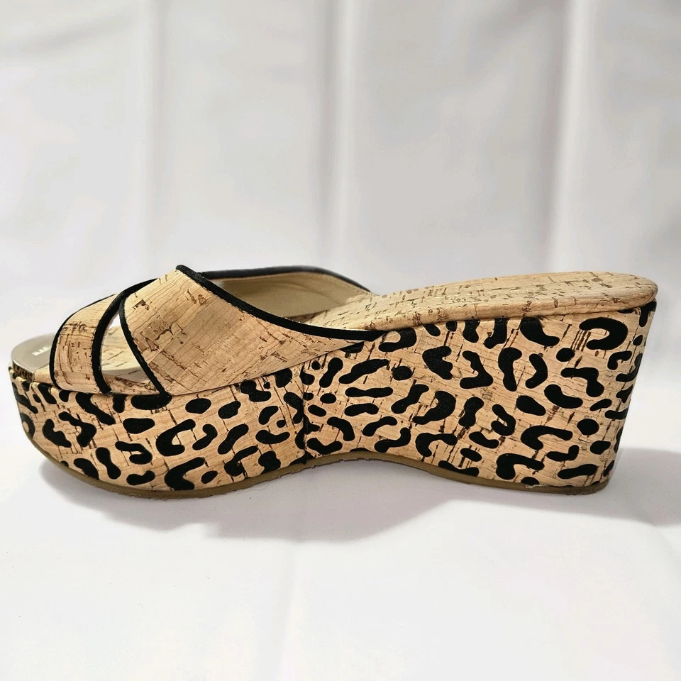JIMMY CHOO 39 Panna Corcho Correa Cruzada Estampado Leopardo Cuña Slides EE. UU. 8/8,5 Foto 2 de 4