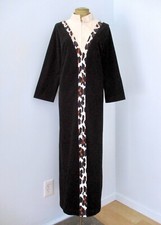 Vtg 70s Black Leopard Trim Velour Long Zip Robe House Coat Loungewear Pocket 14