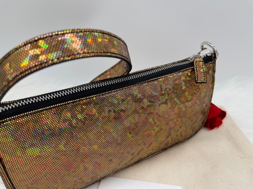 AUTÉNTICO NUEVO CON ETIQUETAS $420 BY FAR Para mujer Rachel Disco Holograma Bolso de Cuero en Discoteca Bronce - Imagen 5 de 12
