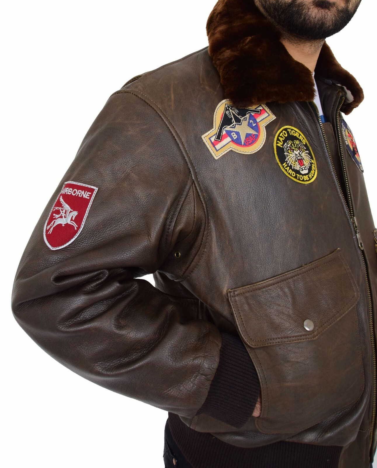 Mens Brown Vintage Leather Pilot Jacket Sheepskin Collar Top Gun Badges