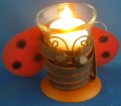 Lady Bug Votive Candleholder Tin Glass & Free Flameless Candle New Patio Picnic