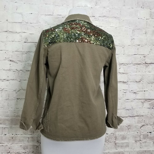 Anthropologie Sadie & Sage Size S Military Jacket Olive Green Sequin Embellished - Picture 5 of 7