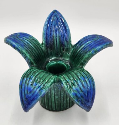 Vintage Art Pottery Blue/Green Flower Candle Stick Holder Marked # 3018