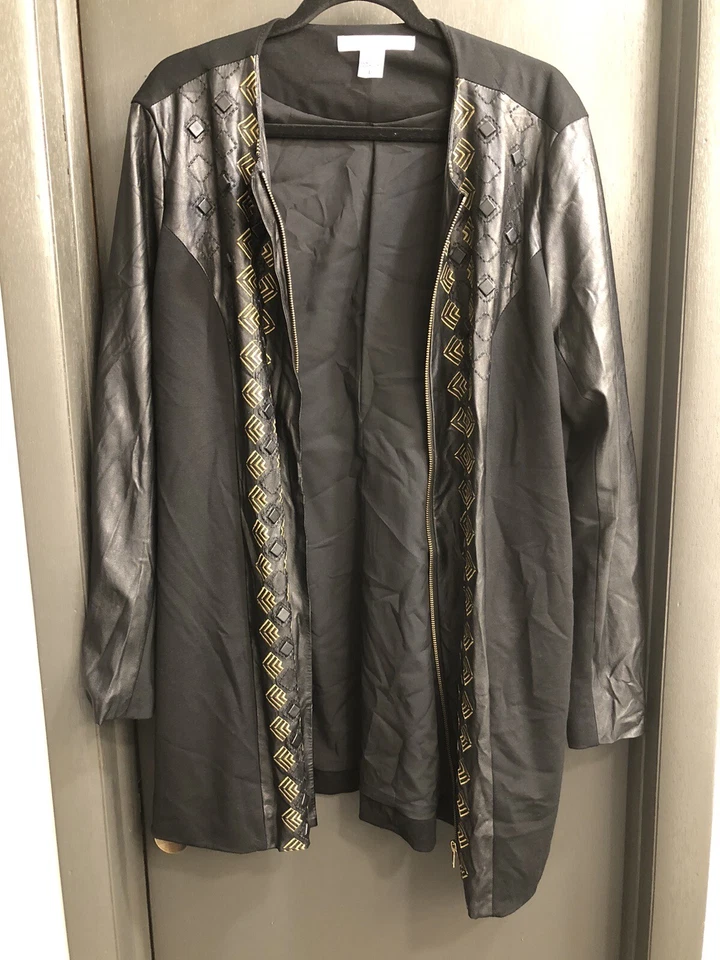 Chaqueta Peter Nygard Negra Imitación Cuero Bordada Manga Larga Cremallera Completa GRANDE Foto 2 de 4