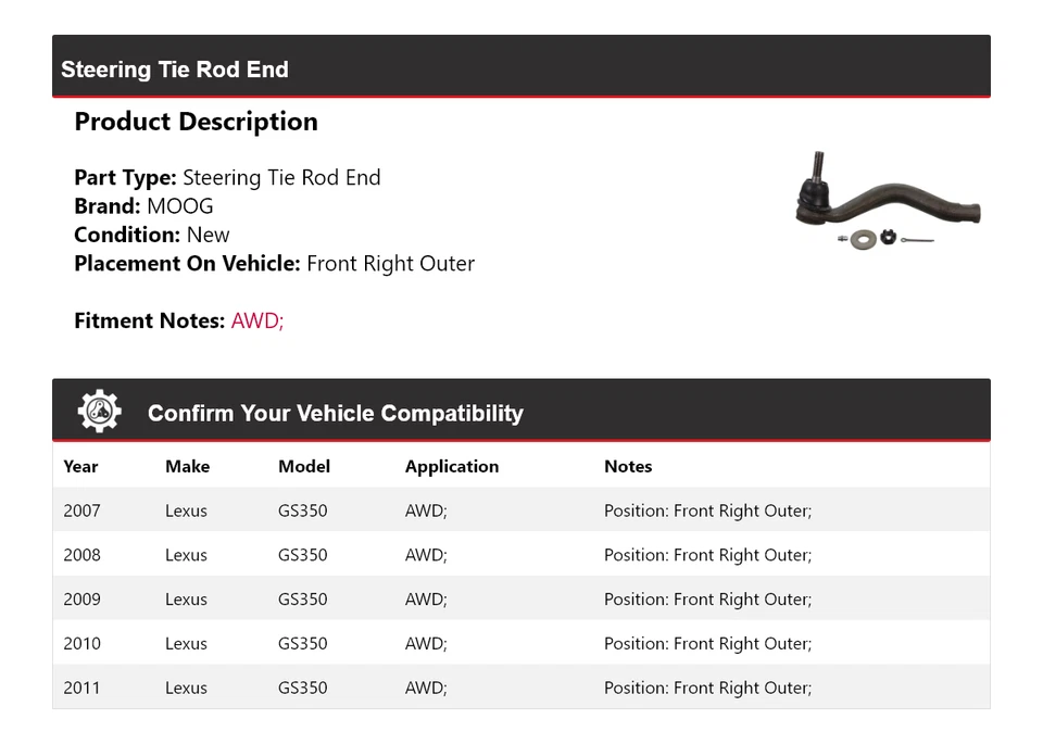 Para Lexus GS350 2007-2011 AWD extremo de barra de dirección delantera derecha exterior MOOG 2007 Foto 2 de 4