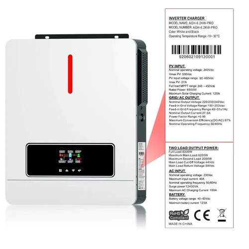 Inverter solare 6,2 KW 48 V seno ibrido incorporato MPPT 120A PV 90~450VDC BMS - Foto 5 di 8