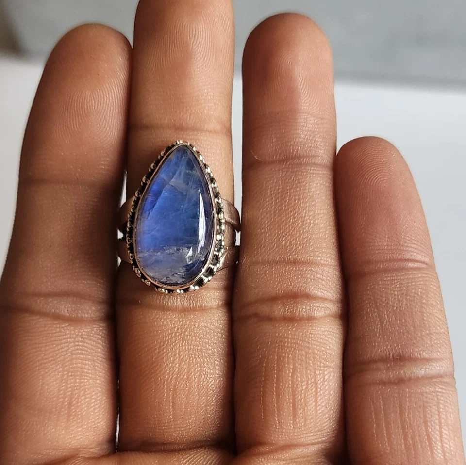 PURPLE RAINBOW MOONSTONE NATURAL GEMSTONE 925 STERLING SILVER JEWELRY RING - Image 4 of 4