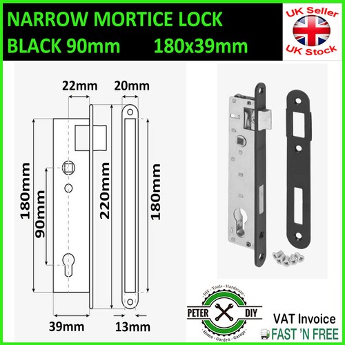 NARROW MORTICE LOCK BLACK 90mm Door Bolt Catch EURO HANDLE Lock 180x39mm - Picture 7 of 8