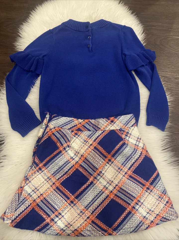 Janie and Jack Niñas 6 6Y Azul Rosa Volantes Amapola Suéter Cuadros Tweed Falda Usado en Excelente Condición Foto 4 de 4