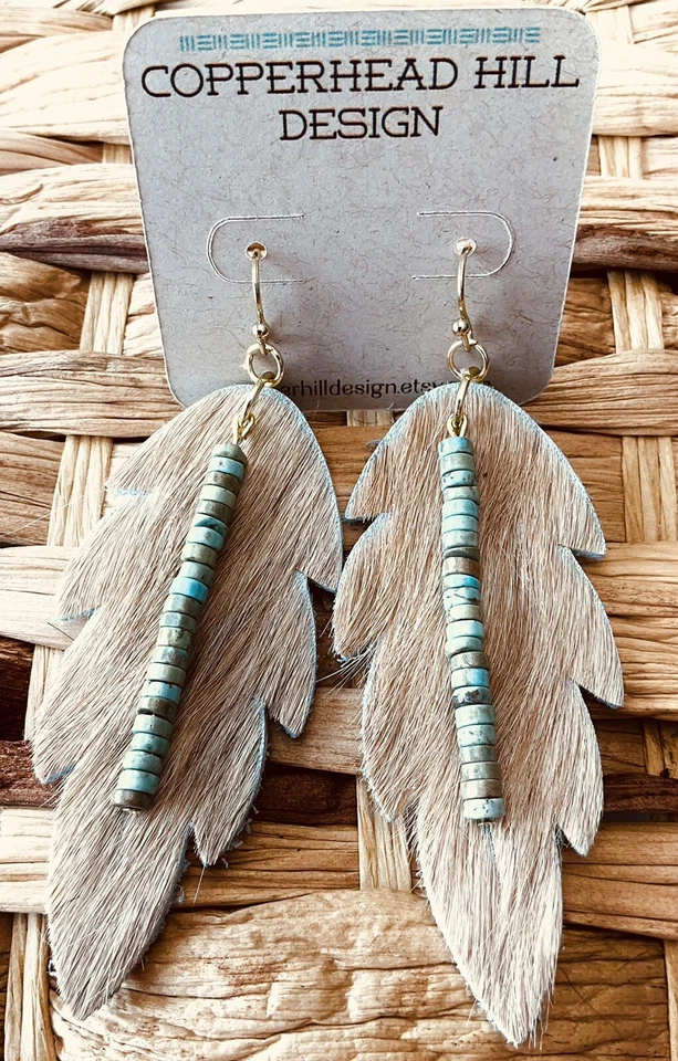 Pendientes colgantes de cuero de vaca con cuentas de turquesa genuino piedra occidental para mujer Foto 2 de 2