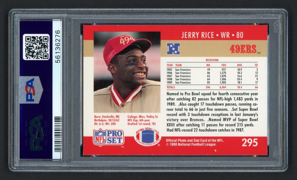 1990 PRO SET JERRY RICE #295 SAN FRANCISCO 49ERS HOF WR GOAT PSA 9 MINT ...