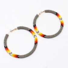 Handmade beaded Gray 3 inch Native style hoop earrings