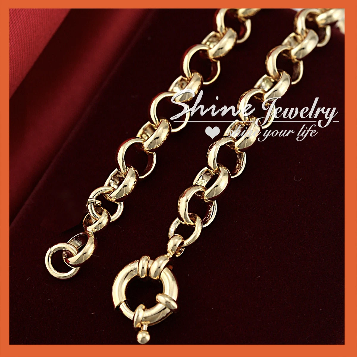 18K GOLD FILLED SAFE BOLT RINGS CHAIN HEART WOMENS SOLID BELCHER BRACELET BANGLE