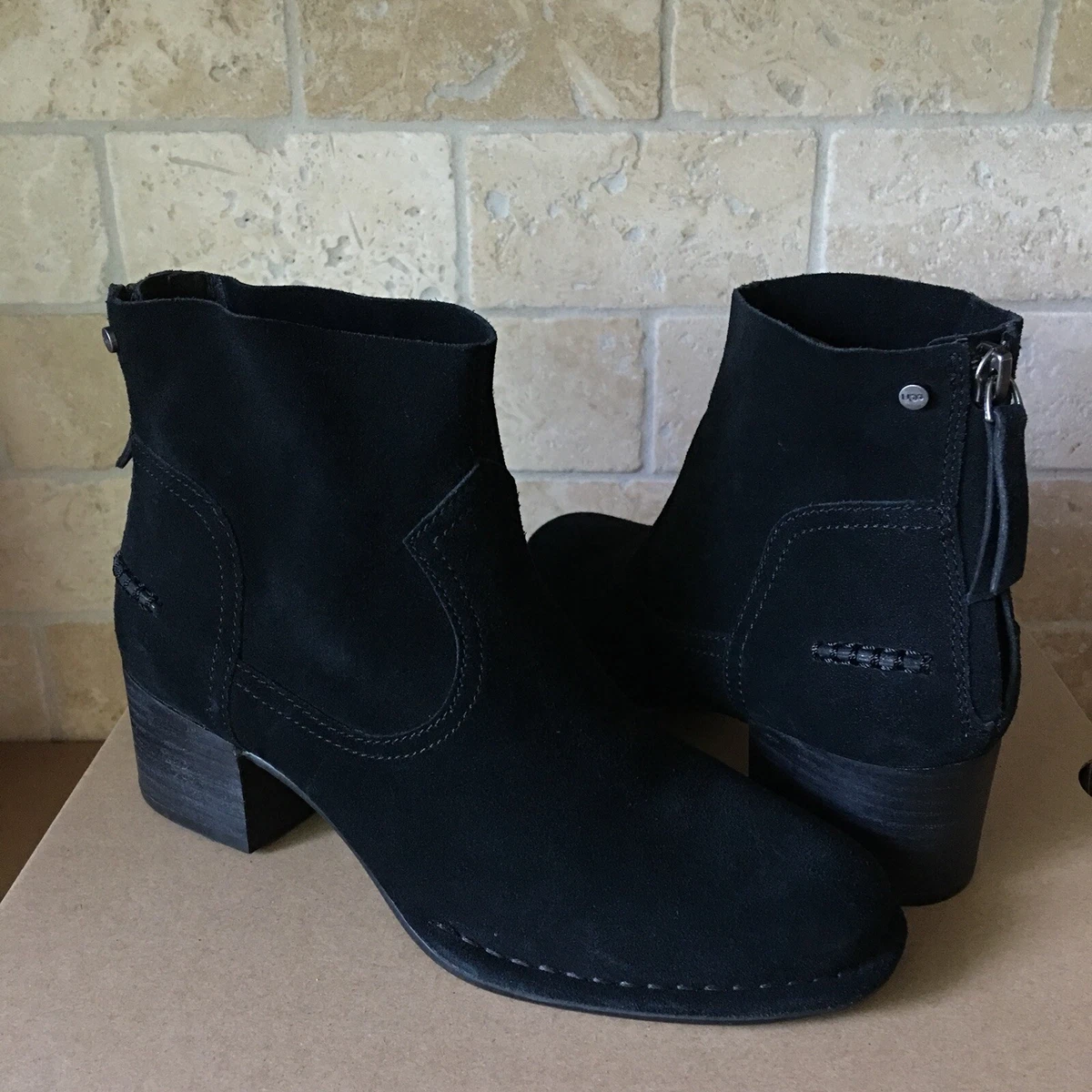 UGG Bandara Black Suede Stacked Heel Zip Ankle Mini Boots Booties
