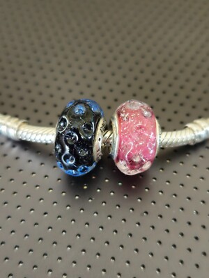 Set Of New Pandora Charms Wavy Fancy Pink, Wavy Dark Blue