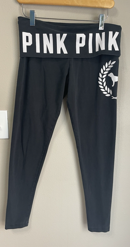 Y2K PINK Victoria’s Secret Logo Fold Over Waist Yoga Women M Crop Capris Legging