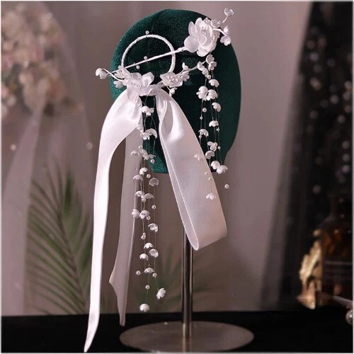 Elegant Hairpin and Hair Ring Set with Satin Bow and Beads for Wedding  Bridal - Image 3 of 4