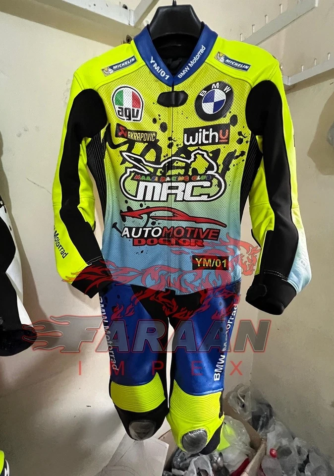 MotoGP Estilo Azul Amarillo Motocicleta Carreras Traje Cuero Una Pieza CE Armor Pro Foto 2 de 4