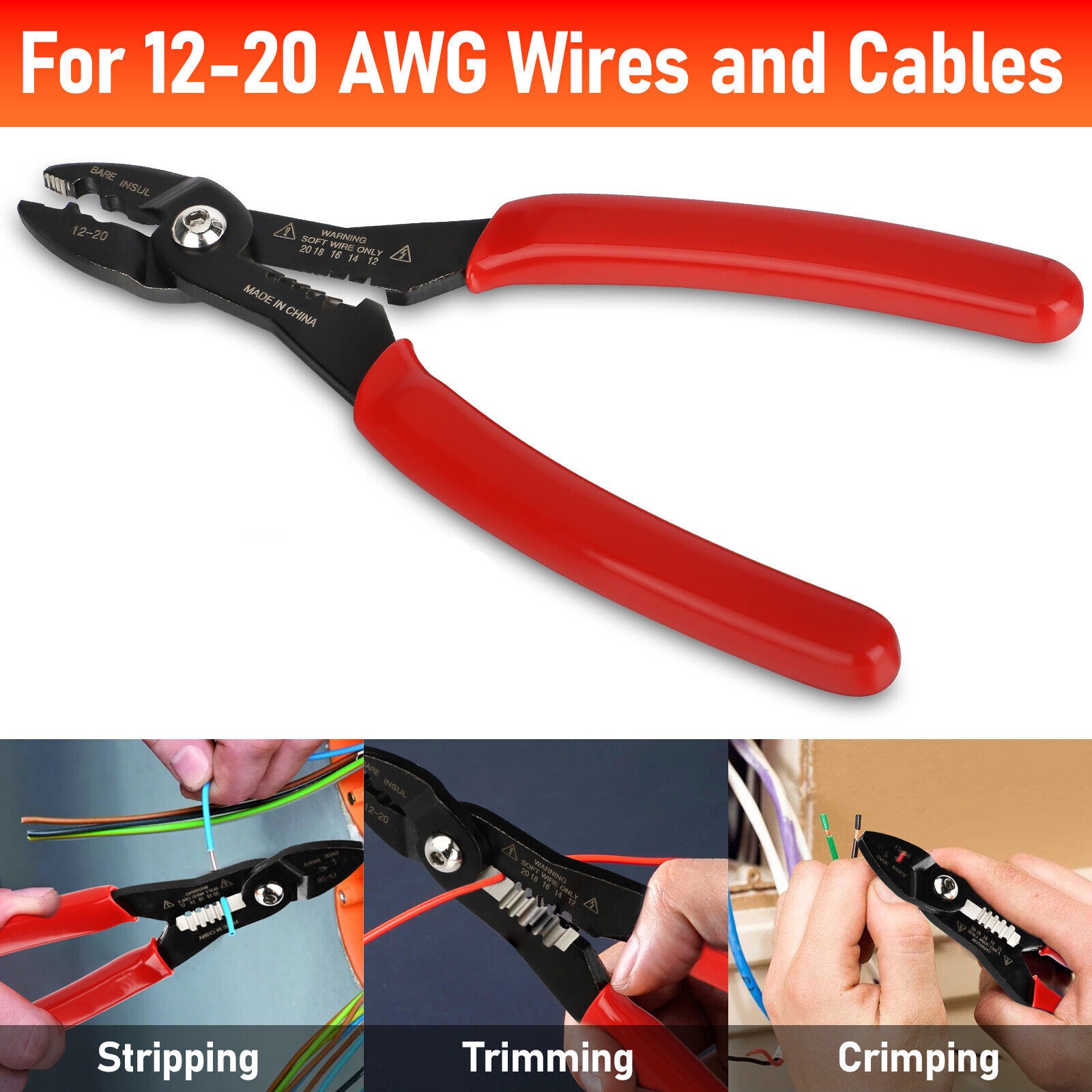 4in1 Wire Service Pliers Crimper Stripper Cutter Gripping for 12-20AWG Cable