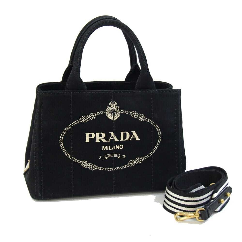 Prada 2WAY Handbag Canapa 1BG439 Black Canvas Used Shoulder Crossbody Stripe Log
