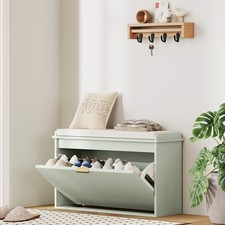 Shoe Bench with Padded Seat Cushion and Flip-Drawer, 80x26x47.5cm, Green