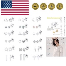 18 Pairs Stainless Steel Stud Earrings Set for Women Men Star Moon flower Hea...