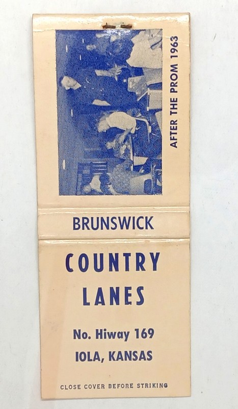 Vintage Brunswick Country Lanes matchbook cover from Iola, Kansas, dated 1963
