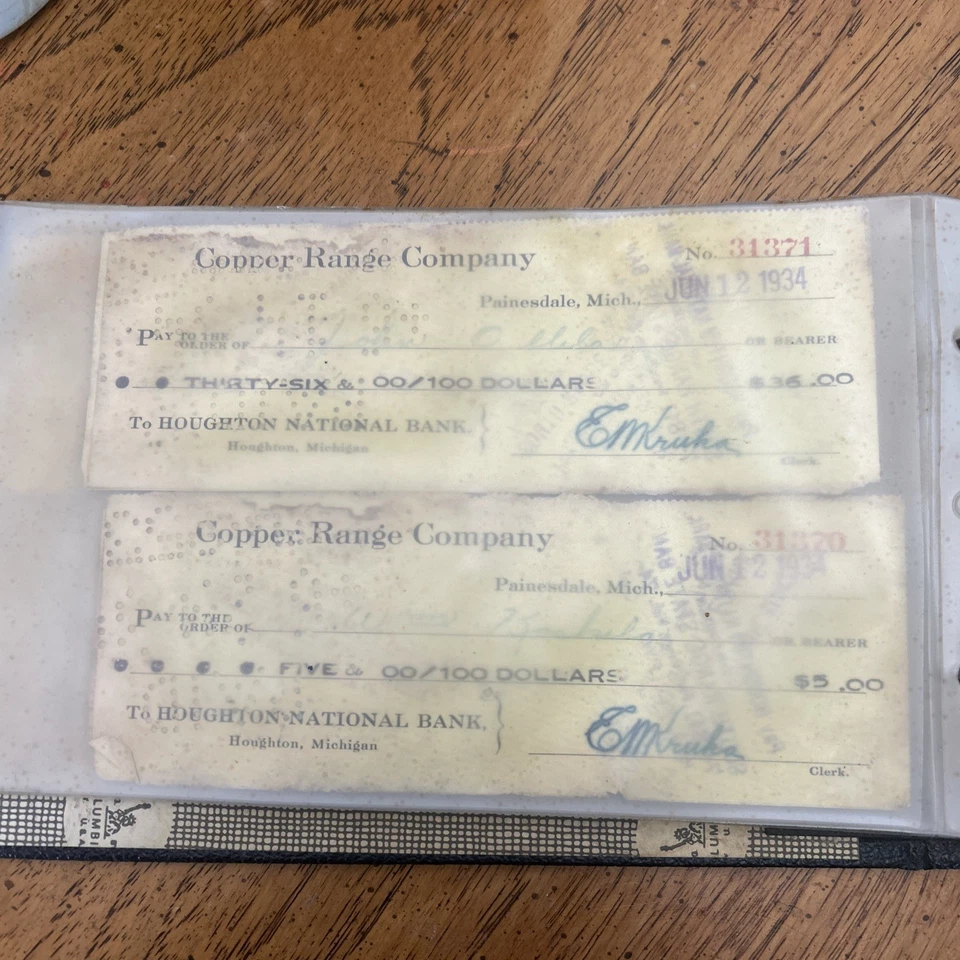 Cheques de pago de minas Copper Range Company de la década de 1930 Foto 4 de 4