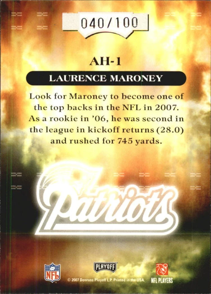 2007 Absolute Memorabilia Absolute Heroes #1 Laurence Maroney /100 - FB - Image 2 of 2
