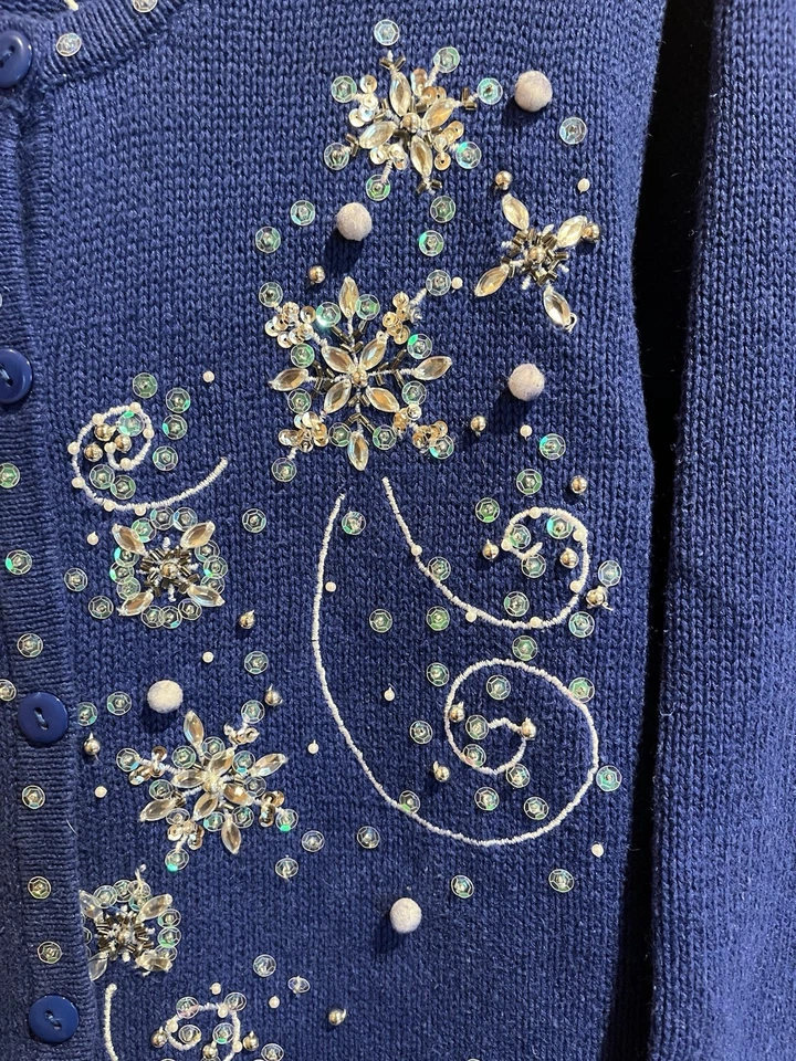 Kim Rogers Womens Christmas Sweater Sequin Snowmen Santa Winter Size XL Blue - Image 3 of 4