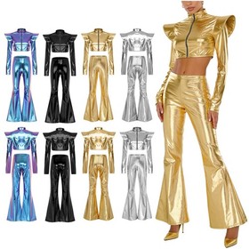 Women Costume 70S Set Corset Outfit Holographic Clubwear Adult Halloween Zip Up