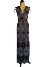 Womens Bohemian Maxi Dress S/M Blk/Wht Paisley Sleeveless Deep V Chic Casual