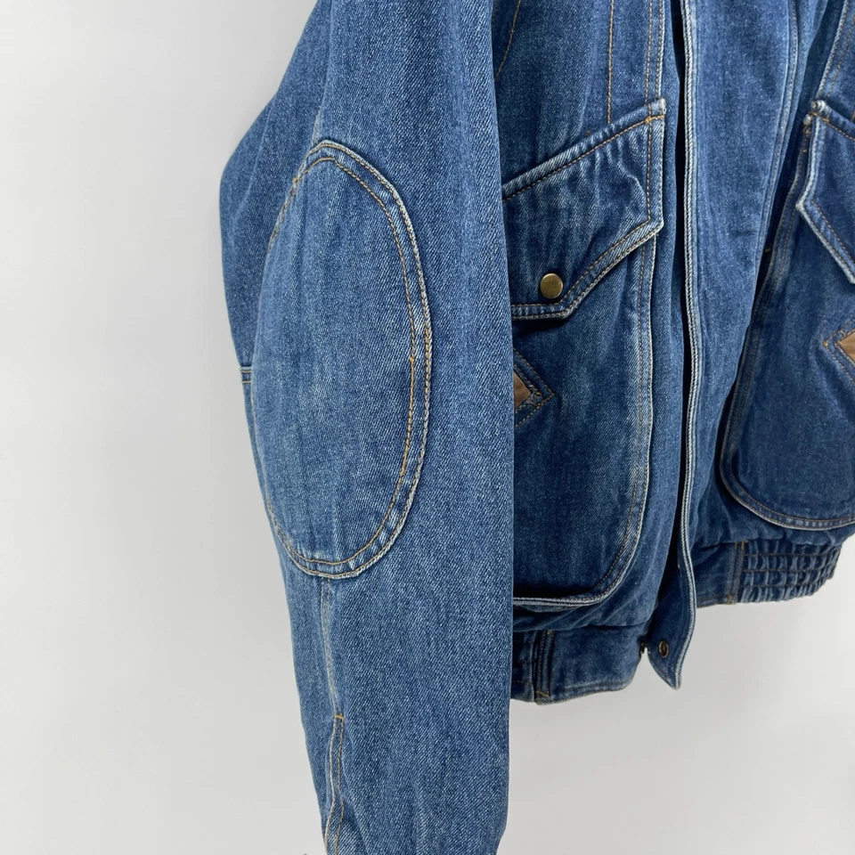 Chaqueta vaquera vintage Context Denim para hombre Lg forrada a cuadros bombardero ribete de cuero años 90 Foto 3 de 4