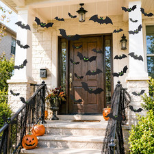 18PCS Bats Halloween Decoration with Glowing Eyes, Hang Stick Flying Bat 3D