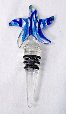 Blue Silver Foil Starfish Murano Art Glass Deco Collection Wine Bottle Stopper