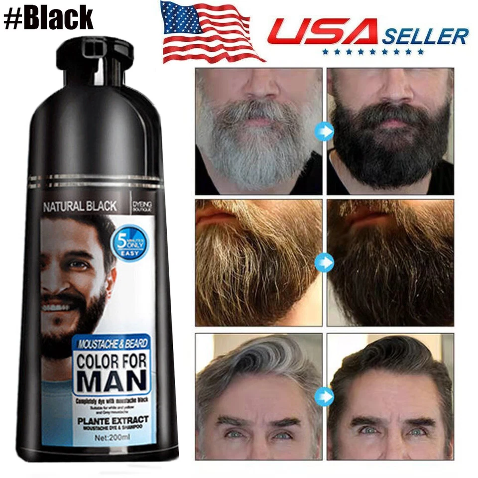 Champú para hombre 2 en 1 barba bigote color cabello natural tinte negro permanente 200 ml Foto 4 de 4
