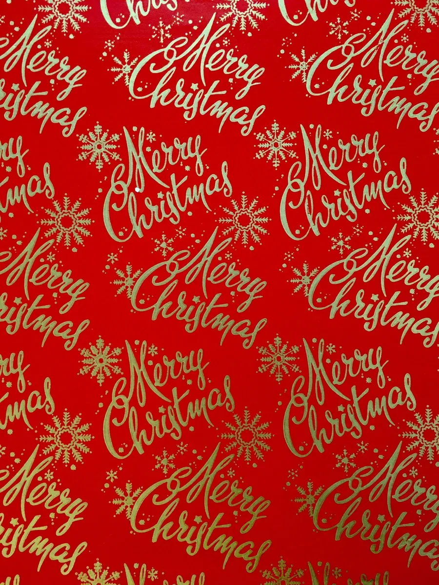 VTG MERRY CHRISTMAS WRAPPING PAPER GIFT WRAP NOS GOLD ON RED SNOWFLAKES NOS