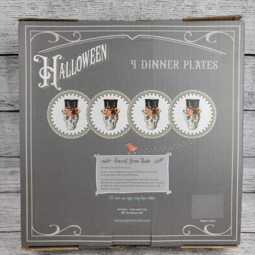Juego de 4 platos de cena rosas sombrero calavera Halloween estudio verde cosecha borde dorado - Imagen 2 de 2
