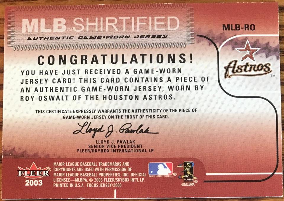 2003 Fleer Focus Jersey Edition Shirtified Game-Used Roy Oswalt MLB-RO - Image 2 of 2