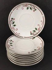 Set of (8) Home Essentials-Tartan Ribbon Saucers W/ Gold Rim 5 7/8”DIA