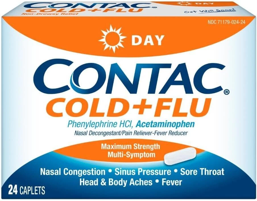 CONTAC Cold + Flu Max Strength Multi-Symptom Relief Daytime Caplets, 24 Count - Picture 1 of 6