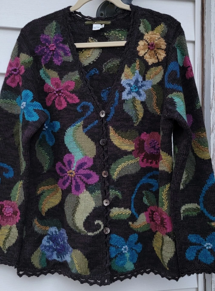 Art knit Peruvian Connection Night Bloom Cardigan floral alpaca XL $325 - Image 2 of 4