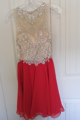 ALYCE PARIS Size 00  RHINESTONE/GEM RED/BEIGE HOMECOMING DRESS