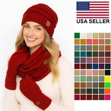 C.C 3pc Set Warm Chunky Soft Stretch Cable Slouchy Beanie Gloves and Scarf Set
