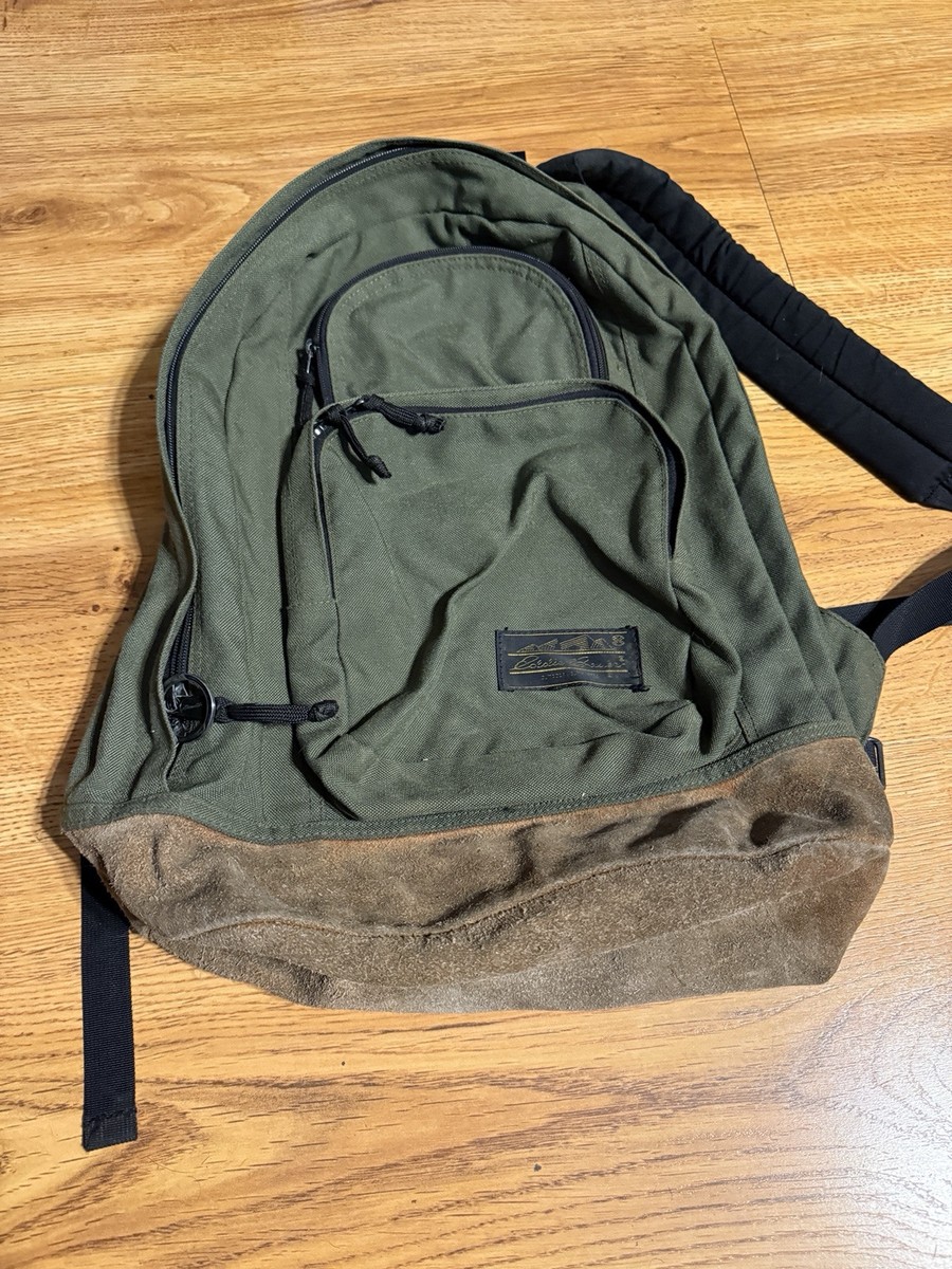 Vintage Eddie Bauer Backpack School Bag Green Leather Bottom