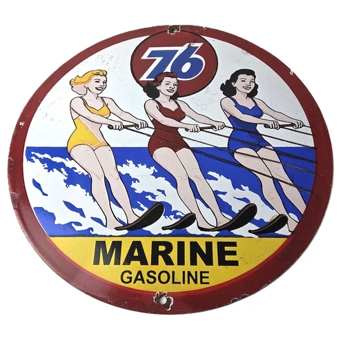 Vintage Union 76 Gasoline Sign - Porcelain Ski Show Gas Service Pump Sign