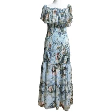 Baltic Born Amalfi Smocked Maxi Dress Womens Size L Large Blue Floral Romantic