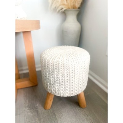 Knit Foot Stool Small Ottoman Pouf Cream Ivory Cottagecore Boho Bohemian Nursery