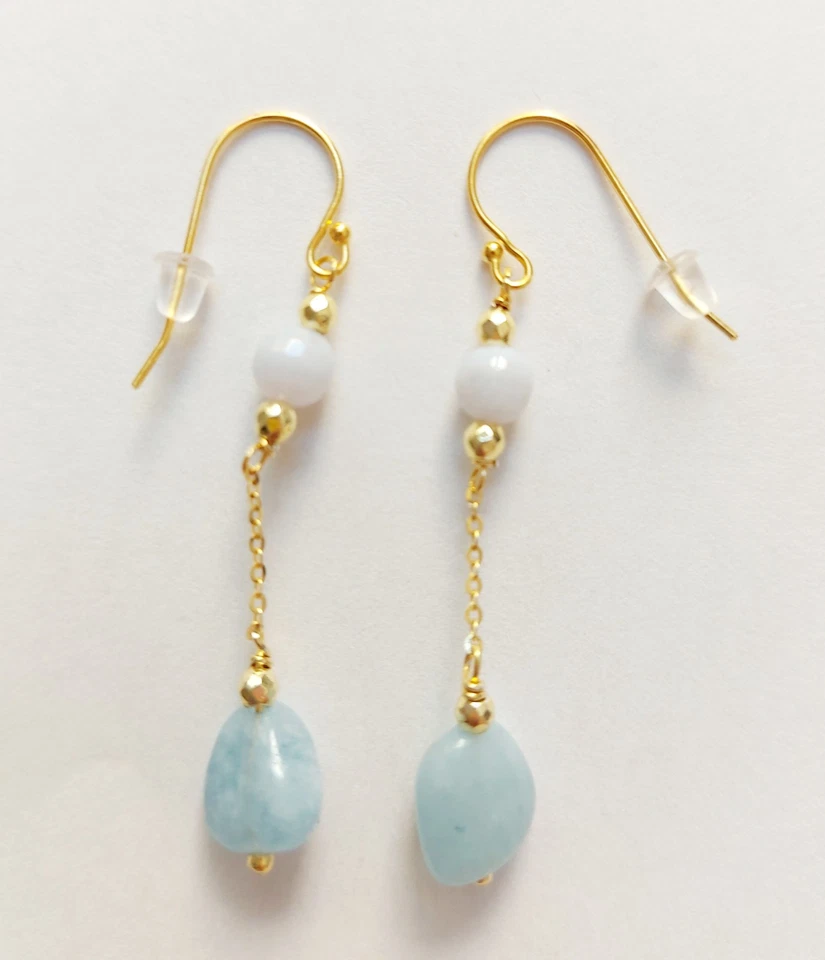 Orecchini pendenti in argento 925 laminato oro calcedonio acquamarina e ematite - Immagine 4 di 4