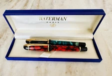 Waterman Phileas Marble Gold Trim Red Fountain Pen & Green Ballpoint Pen Set